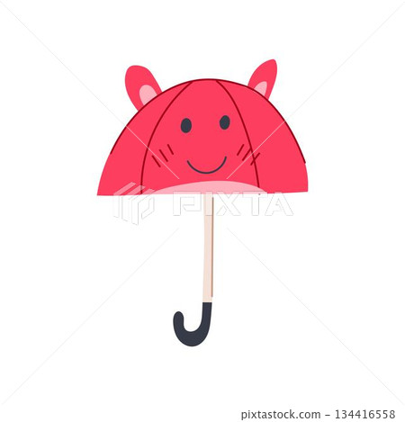 Pink umbrella with smiling animal face and ears 134416558