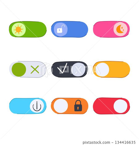 Hand drawing user interface toggle switches with various icons Hand drawing user interface toggle switches with various icons 134416635
