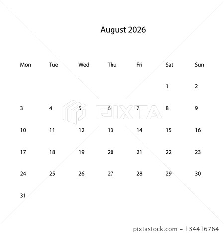 August 2026 calendar vectors icons August 2026 calendar vectors icons 134416764