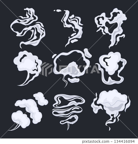 Collection of smoke puffs illustrating different vapor shapes Collection of smoke puffs illustrating different vapor shapes 134416894
