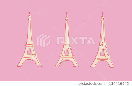 Eiffel tower three variations linear art style pink 134416945