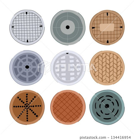 Collection of sewer manhole covers with diverse patterns 134416954
