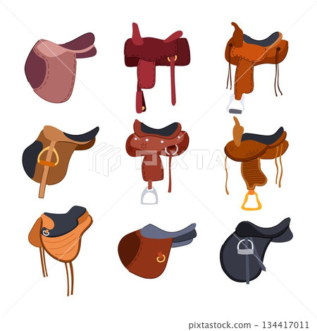 Horse saddles collection representing equestrian riding equipment 134417011