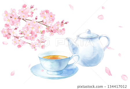 Watercolor illustration of cherry blossoms and black tea (transparent PNG) for your new spring cafe menu 134417012