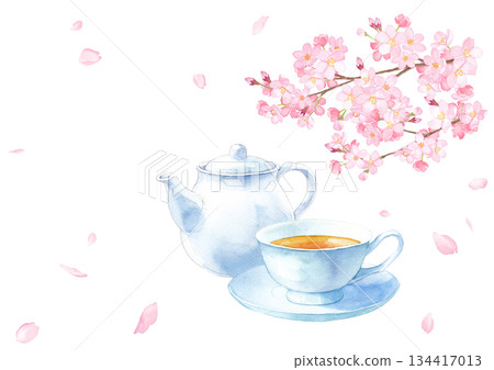 水彩風格的櫻花和紅茶插圖(透明PNG格式),可用於您的春季咖啡館菜單。 水彩風格的櫻花和紅茶插圖(透明PNG格式),可用於您的春季咖啡館菜單。 134417013