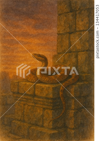 石牆上的守護蛇 | 水彩畫 134417053