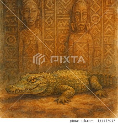 古文明壁畫前的鱷魚神話水彩插畫 134417057
