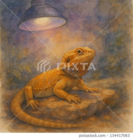 一頭獅子和一隻蜥蜴在溫暖的燈光下靜靜地休息,這是一幅房間內部的水彩畫。 一頭獅子和一隻蜥蜴在溫暖的燈光下靜靜地休息,這是一幅房間內部的水彩畫。 134417063