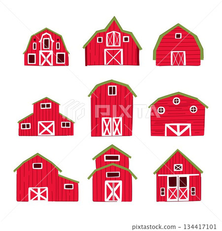 Red farm barns collection representing agriculture and rural life Red farm barns collection representing agriculture and rural life 134417101