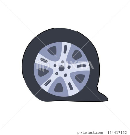 Punctured flat tire on a car wheel requiring repair 134417132