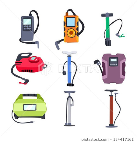 Various air pumps inflating tires and equipment set Various air pumps inflating tires and equipment set 134417161