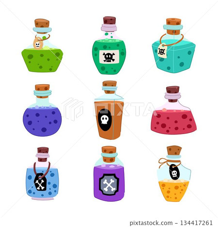 Collection of cartoon poison magic potion bottles 134417261