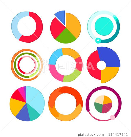 Varying colorful pie and donut chart infographics 134417341