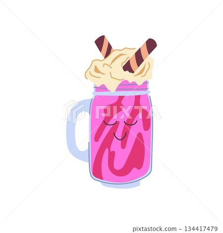 Kawaii pink milkshake character with whipped cream topping Kawaii pink milkshake character with whipped cream topping 134417479