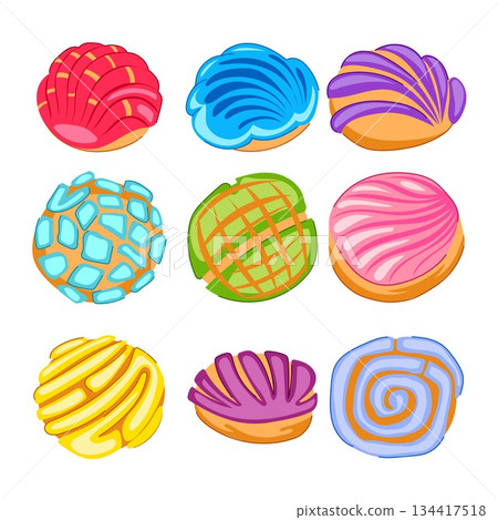 Mexican sweet concha bread collection colorful illustration 134417518