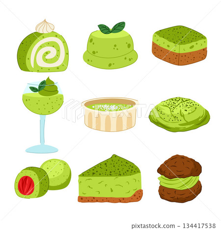 Assortment of matcha flavored dessert sweet treats concept Assortment of matcha flavored dessert sweet treats concept 134417538