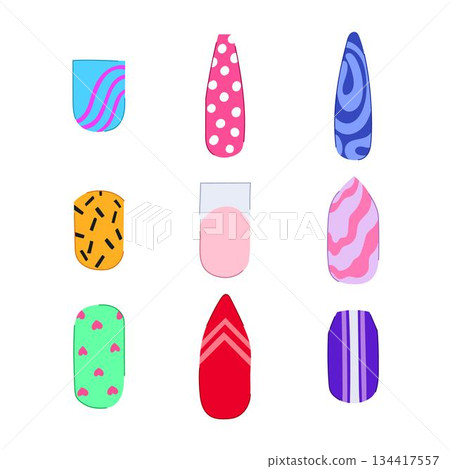 Collection of colorful artificial nails with various designs 134417557