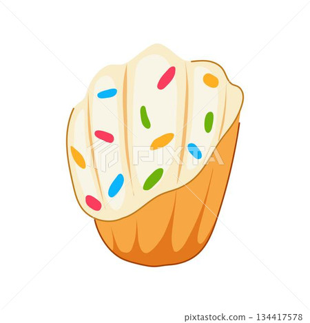 Madeleine cake with frosting and colorful sprinkles 134417578