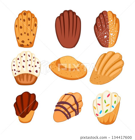 Assorted decorated french madeleine sweet pastries collection Assorted decorated french madeleine sweet pastries collection 134417600