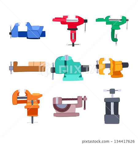 Vises collection illustrating workbench clamping and holding tools Vises collection illustrating workbench clamping and holding tools 134417626