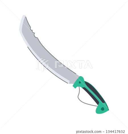 Machete knife showing sharp curved blade 134417632