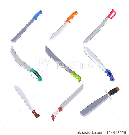 Collection of various machetes and survival knives for outdoor work Collection of various machetes and survival knives for outdoor work 134417656