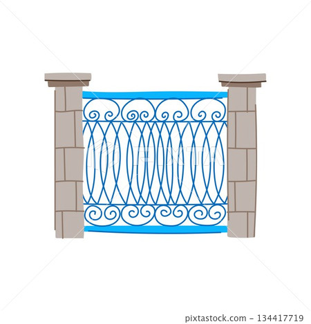 Blue decorative metal fence panel with stone pillars Blue decorative metal fence panel with stone pillars 134417719