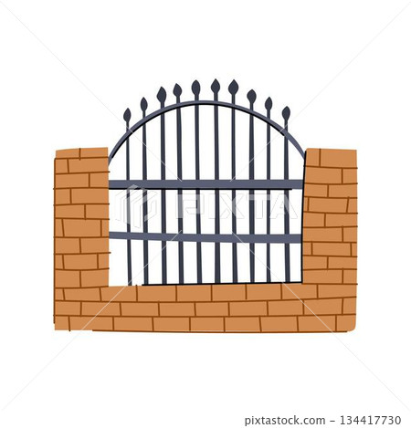 Decorative wrought iron fence section on brick wall 134417730