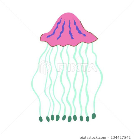 Pink jellyfish swimming marine life cartoon illustration 134417841