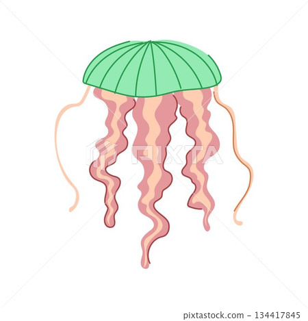 Cartoon jellyfish floating with green bell and pink tentacles 134417845