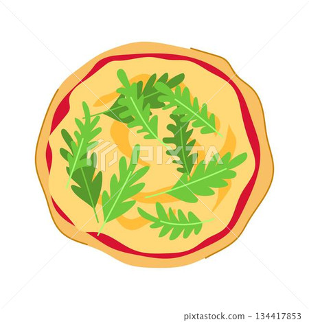 Italian pizza flat illustration with fresh arugula top view Italian pizza flat illustration with fresh arugula top view 134417853