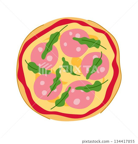 Italian pizza with salami and arugula top view illustration Italian pizza with salami and arugula top view illustration 134417855