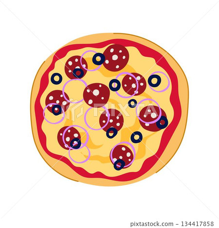 Italian pizza with pepperoni, olives, and onion rings 134417858