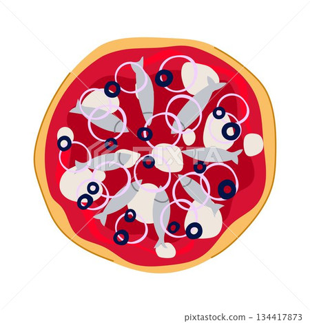 Italian pizza with anchovies, olives, and onion top view Italian pizza with anchovies, olives, and onion top view 134417873