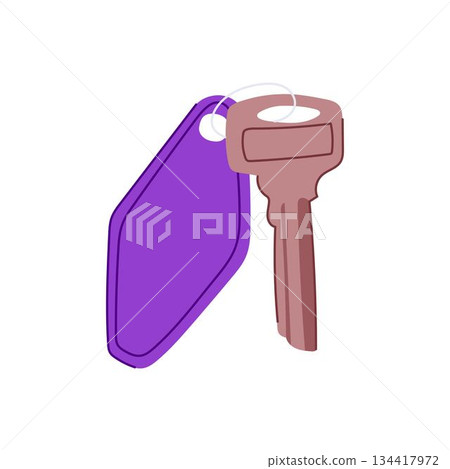 Hotel room key with purple keychain fob 134417972