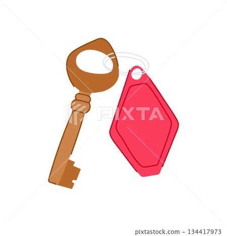 Old brass key with red blank tag for hotel room access 134417973