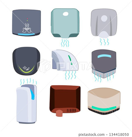 Different hand dryers drying hands in public restrooms Different hand dryers drying hands in public restrooms 134418050