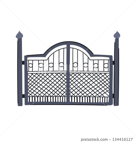 Iron gate illustration providing entrance and security Iron gate illustration providing entrance and security 134418127
