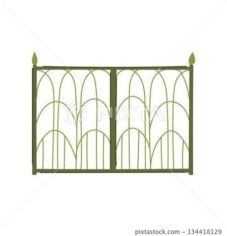 Green decorative iron gate separating exterior boundary Green decorative iron gate separating exterior boundary 134418129
