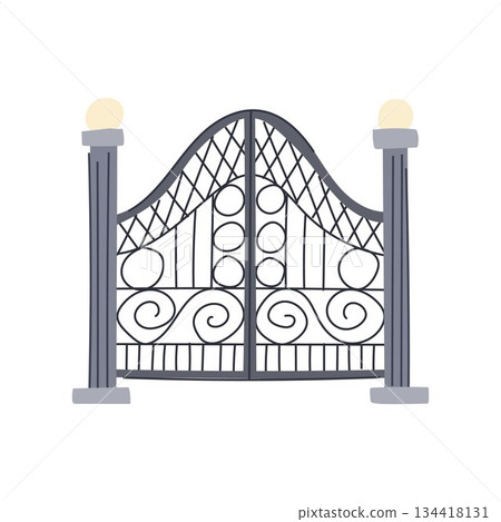 Ornate iron gate with pillars and lights Ornate iron gate with pillars and lights 134418131