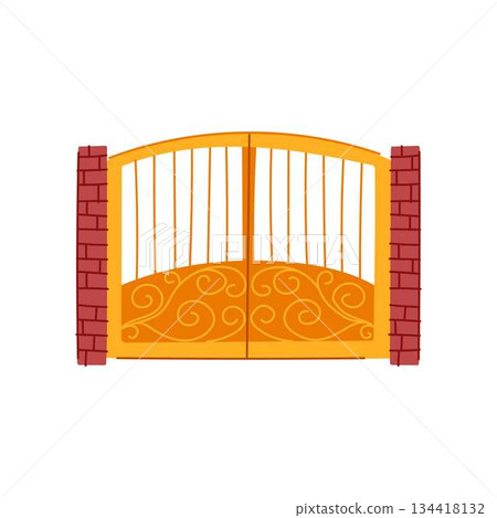 Ornate golden metal gate with brick pillars 134418132