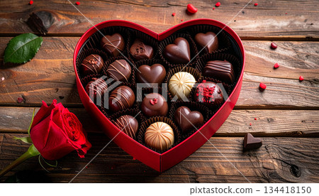 心型禮盒裡的情人節巧克力和擺放在木桌上的紅玫瑰 134418150