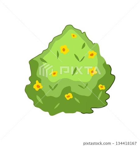 Green garden bush growing with yellow flowers 134418167