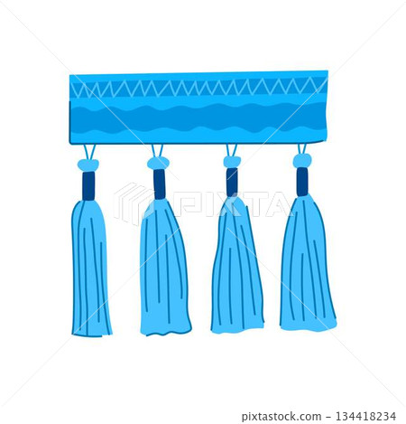 Blue decorative banner with tassels and trim design Blue decorative banner with tassels and trim design 134418234