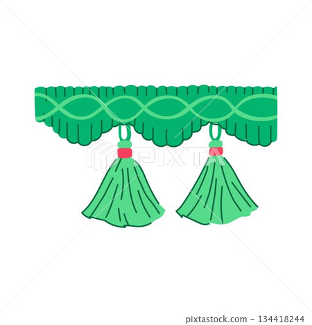 Decorative green curtain valance with hanging tassels Decorative green curtain valance with hanging tassels 134418244