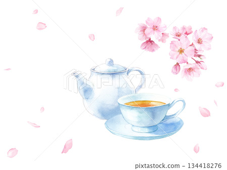 Watercolor illustration of cherry blossoms and black tea (transparent PNG) for your new spring cafe menu Watercolor illustration of cherry blossoms and black tea (transparent PNG) for your new spring cafe menu 134418276