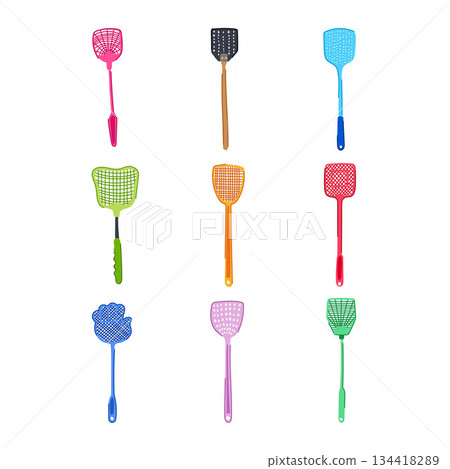Different colorful fly swatters illustrating pest control options Different colorful fly swatters illustrating pest control options 134418289
