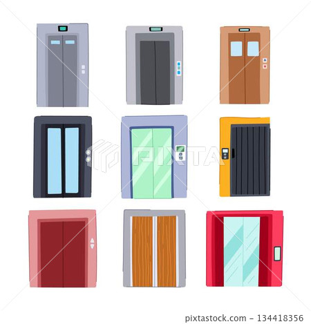 Elevator doors collection displaying different styles and designs Elevator doors collection displaying different styles and designs 134418356