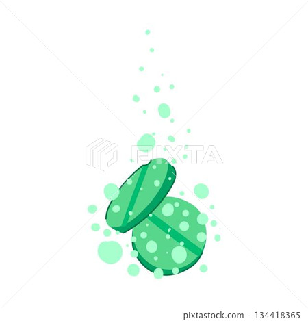 Green effervescent tablets dissolving generating fizzing bubbles 134418365