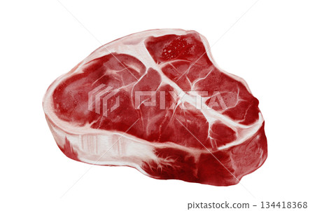 Fresh raw beef steak watercolor illustration. Food clip art. Hand-drawn organic cow meat on a white background. Perfect for cookbook design, restaurant menus, and butcher shop signs. 134418368